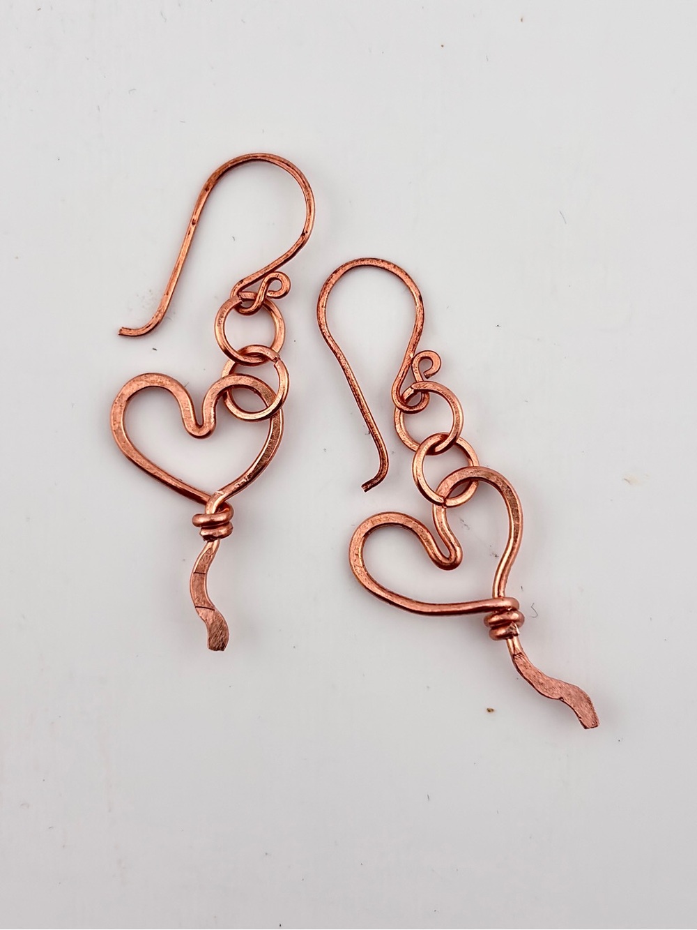 HANDMADE Heart Copper Wire Wrapped Dangle Earrings, Artisan Jewelry Gift for Her